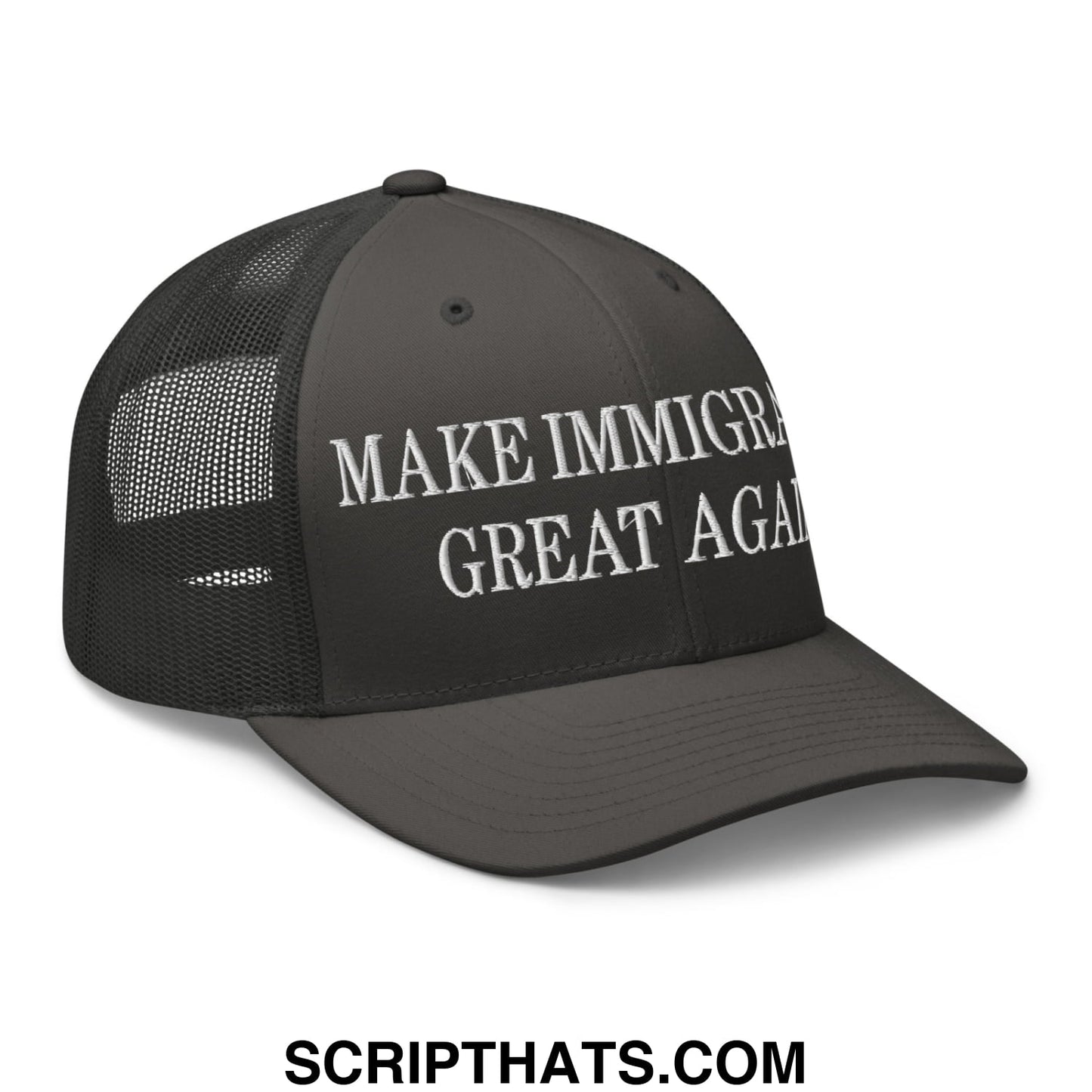 Black mesh trucker hat with white embroidered make immigrants great again text on front panel