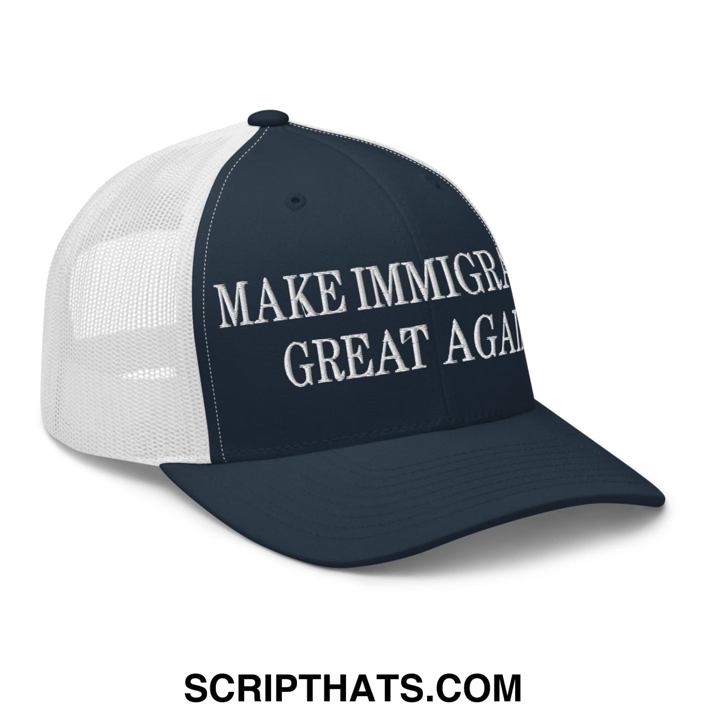 Navy blue and white mesh trucker hat with make immigration great again embroidered in white thread across the front panel