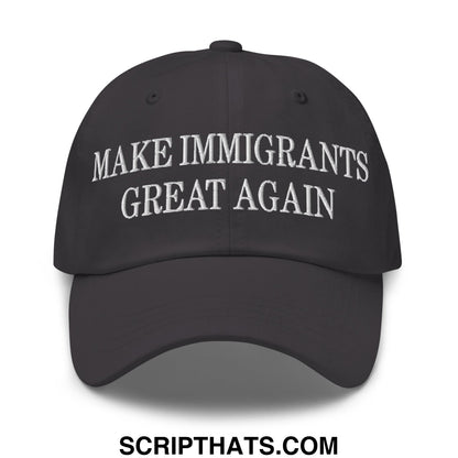 Black unstructured dad hat with white embroidered make immigrants great again text for casual wear