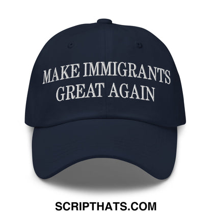 Navy blue unstructured dad hat with white embroidered make immigrants great again text for casual wear