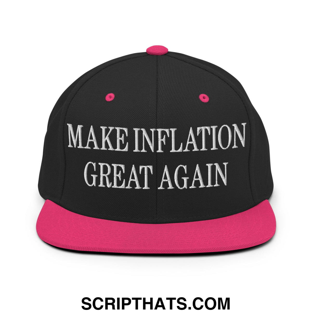 Black snapback cap with vibrant pink brim and button featuring white embroidered make inflation great again text