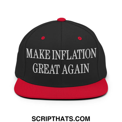 Black snapback cap with red brim and button featuring white embroidered make inflation great again text