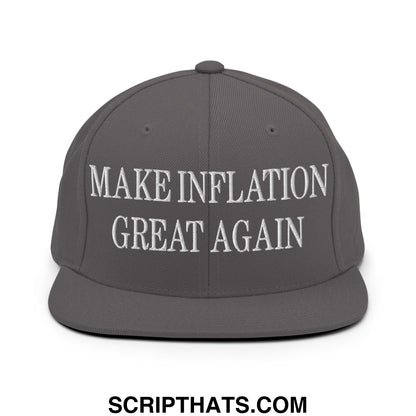 Gray embroidered flat bill brim snapback hat with white text reading make inflation great again