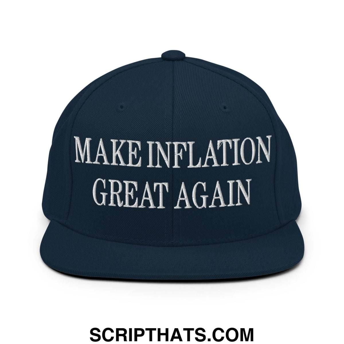 Navy blue snapback hat with white embroidered make inflation great again text and flat bill brim design
