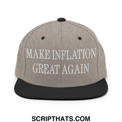 Gray snapback hat with black flat bill brim and embroidered white text make inflation great again