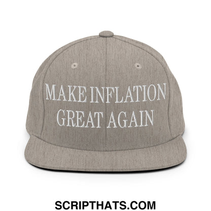 Gray snapback hat with white embroidered make inflation great again text and a flat bill brim design