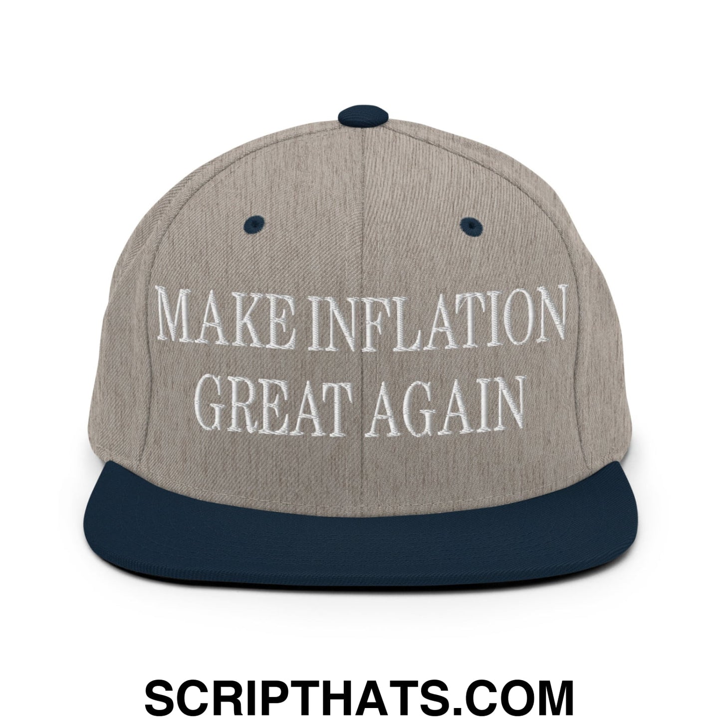Make Inflation Great Again Embroidered Flat Bill Brim Snapback Hat Heather Grey Navy