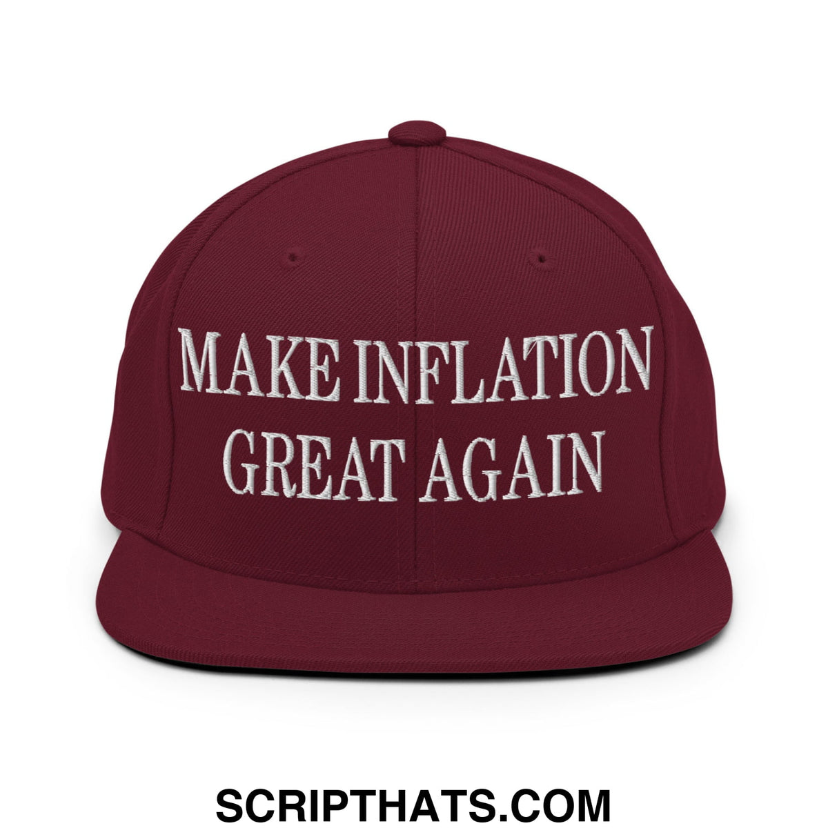 Maroon flat bill brim snapback hat with white embroidered text make inflation great again for casual wear