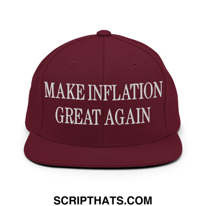 Maroon flat bill brim snapback hat with white embroidered text make inflation great again for casual wear