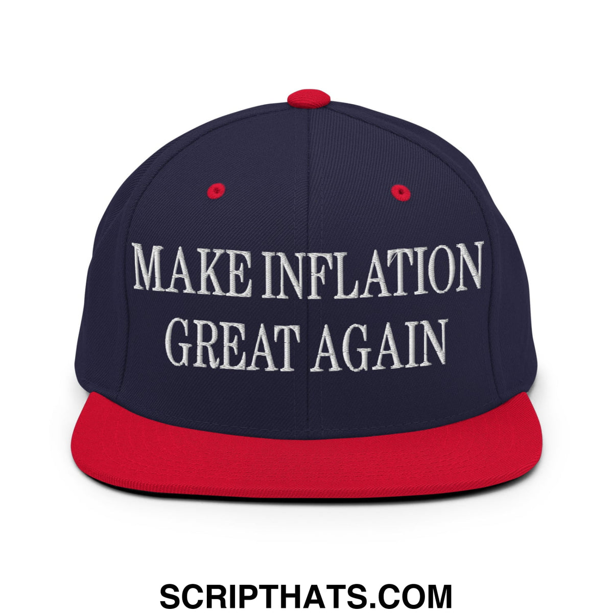 Navy blue and red snapback hat with white embroidered make inflation great again text and flat bill brim design
