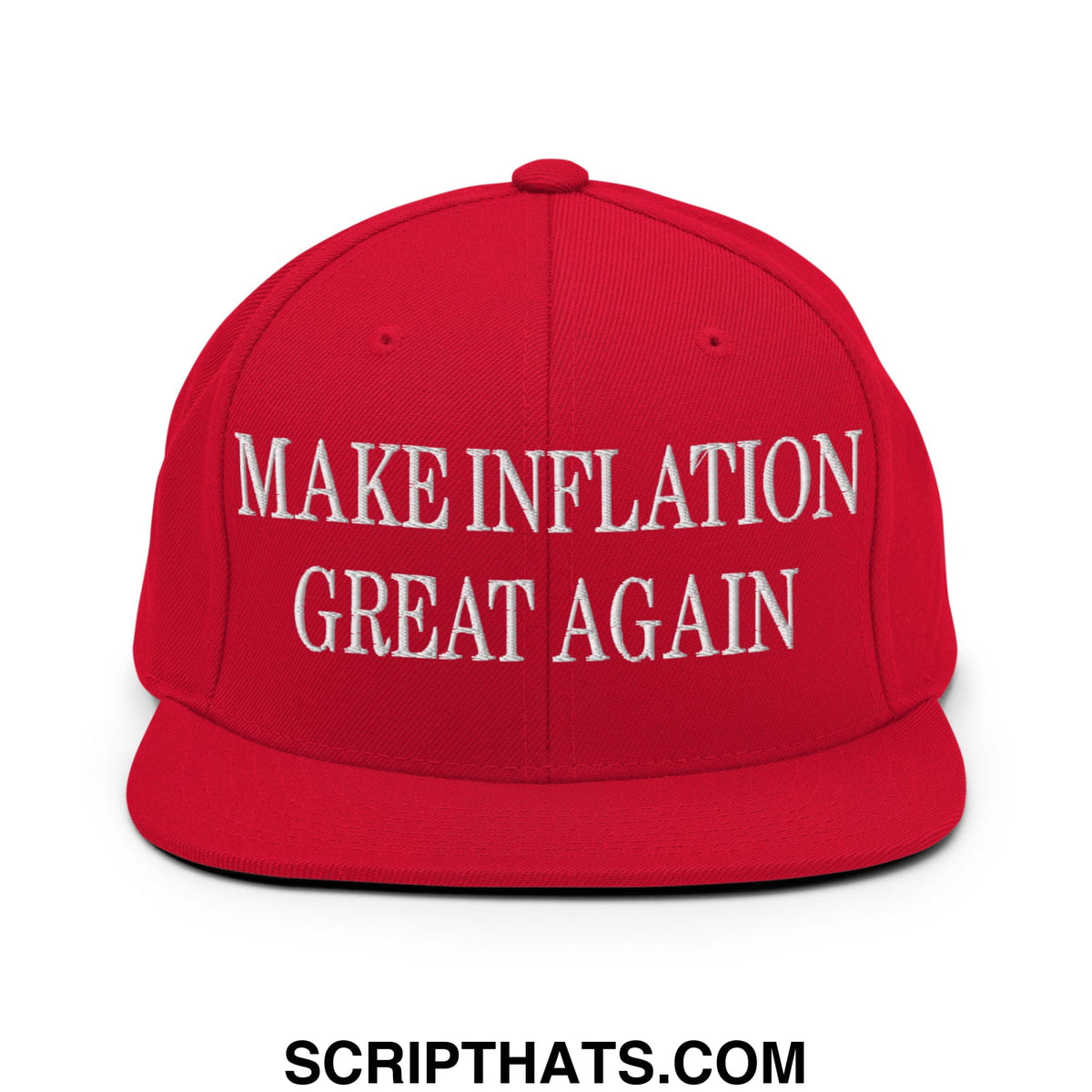 Red snapback cap with white embroidered text make inflation great again and a flat bill brim design