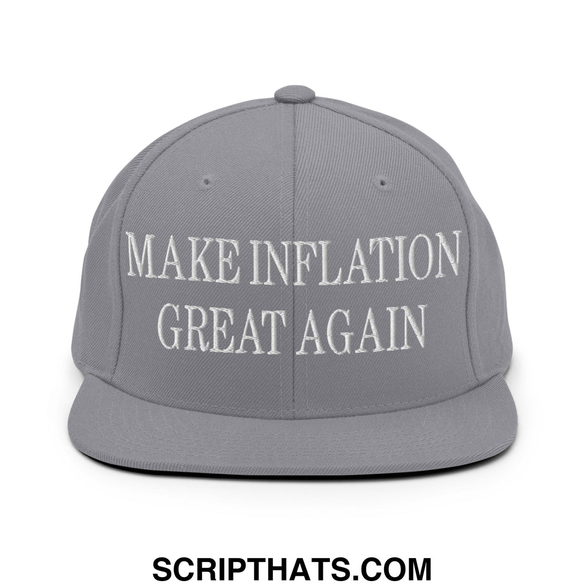 Gray embroidered flat bill brim snapback hat with white text make inflation great again on the front