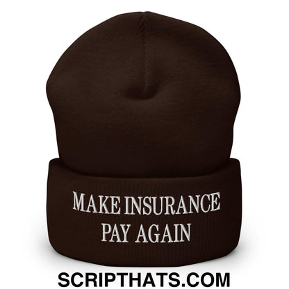 Make Insurance Pay Again Embroidered Knit Cuffed Beanie Brown