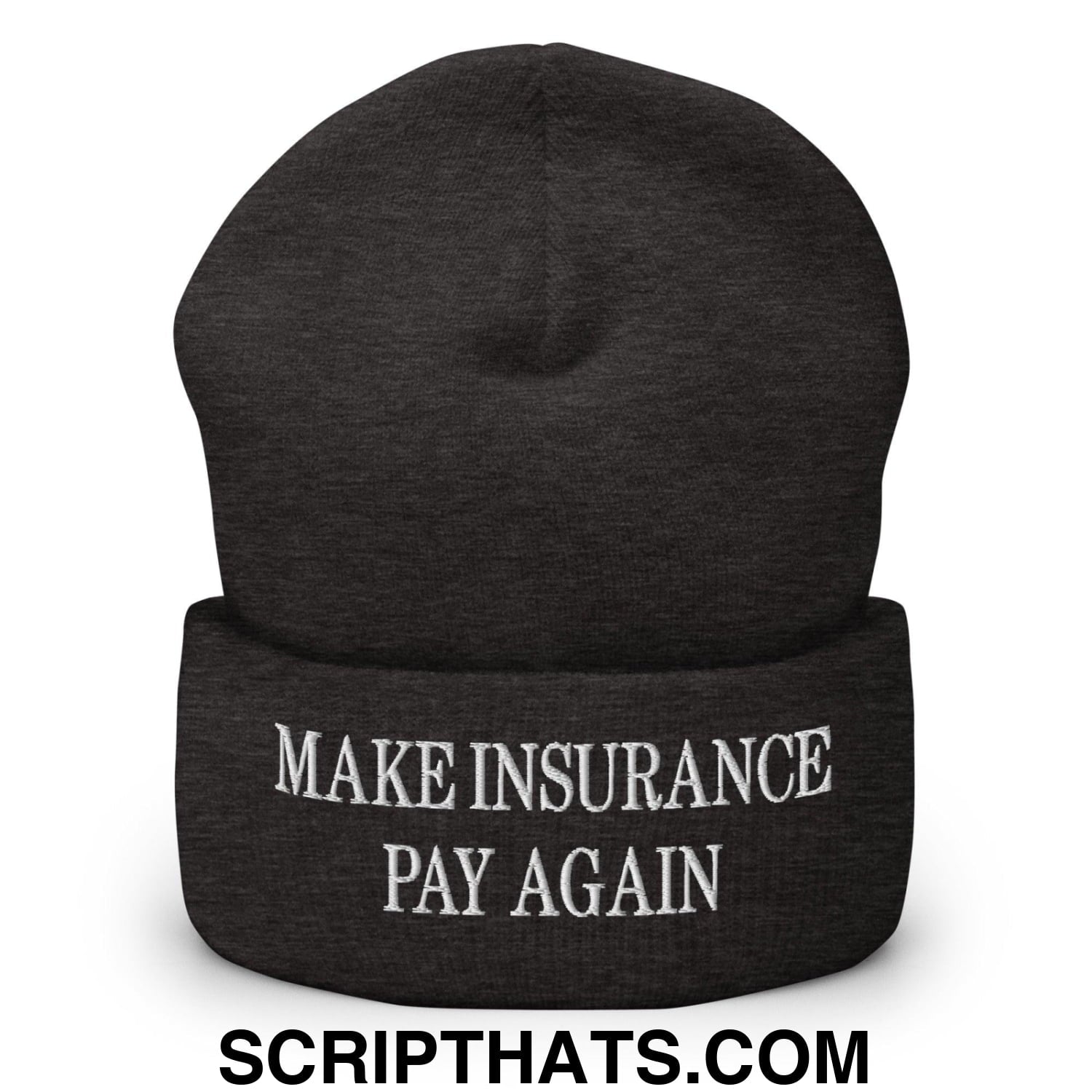 Make Insurance Pay Again Embroidered Knit Cuffed Beanie Dark Grey