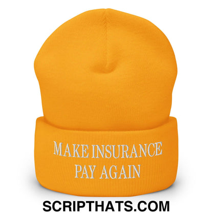 Make Insurance Pay Again Embroidered Knit Cuffed Beanie Gold