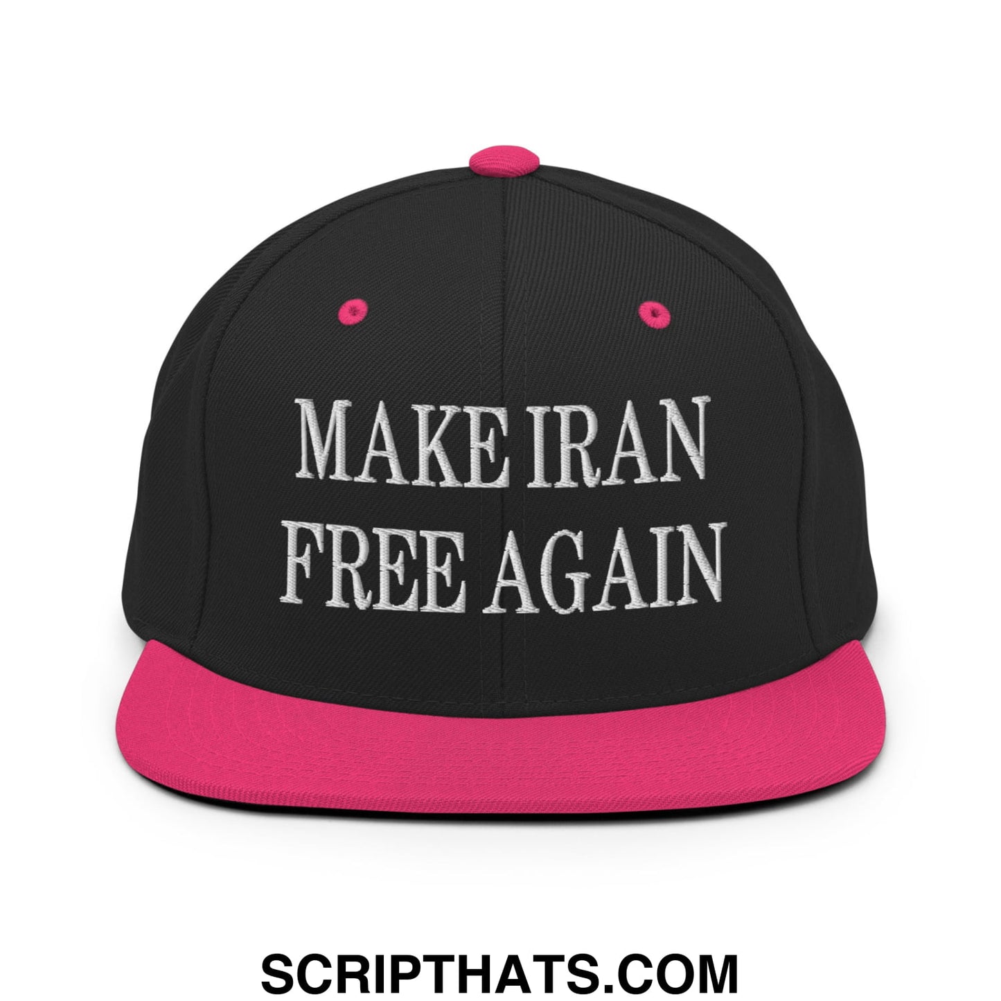 Black snapback cap with vibrant pink brim and button featuring white embroidered make iran free again text