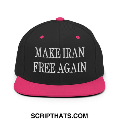 Black snapback cap with vibrant pink brim and button featuring white embroidered make iran free again text