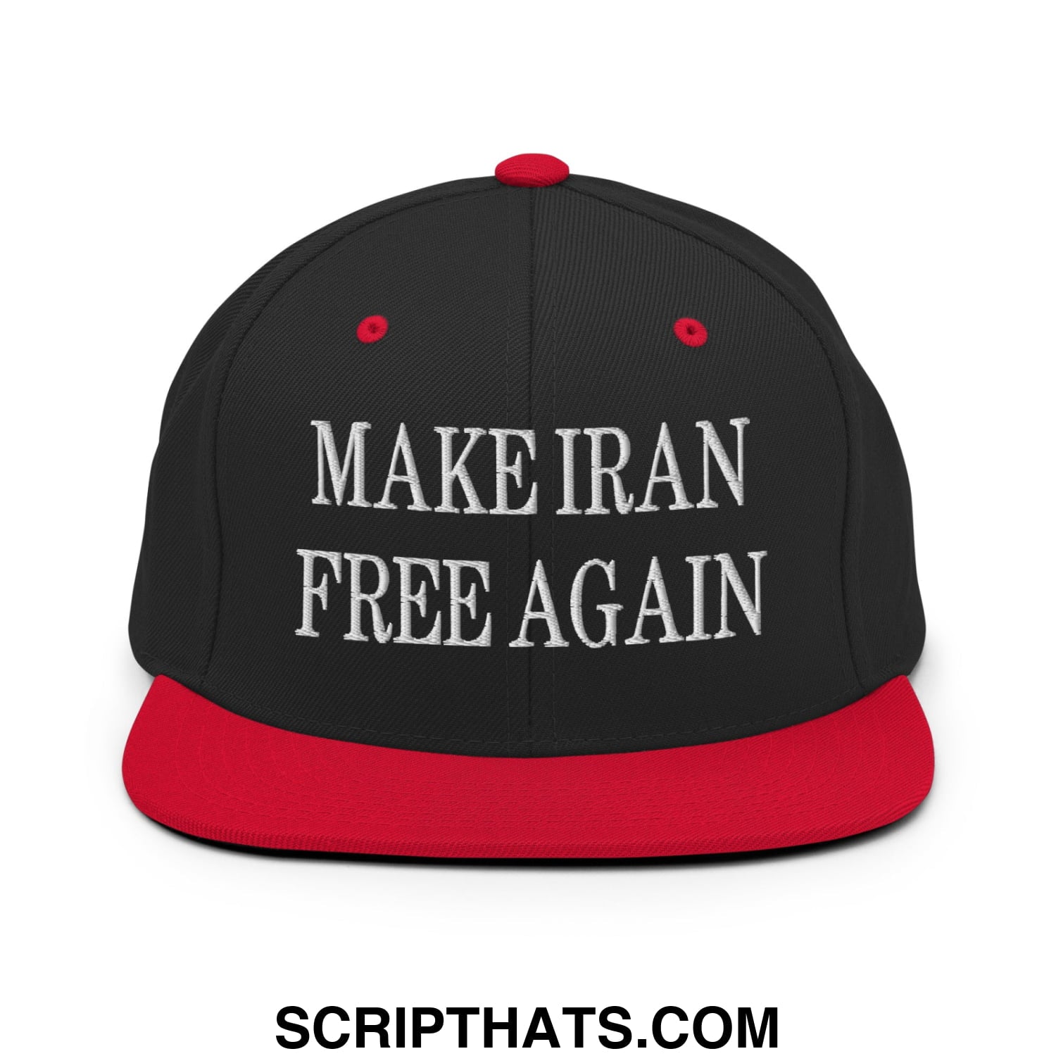 Black and red snapback hat with white embroidered make iran free again text on flat bill brim