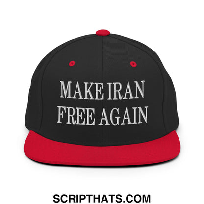 Black and red snapback hat with white embroidered make iran free again text on flat bill brim