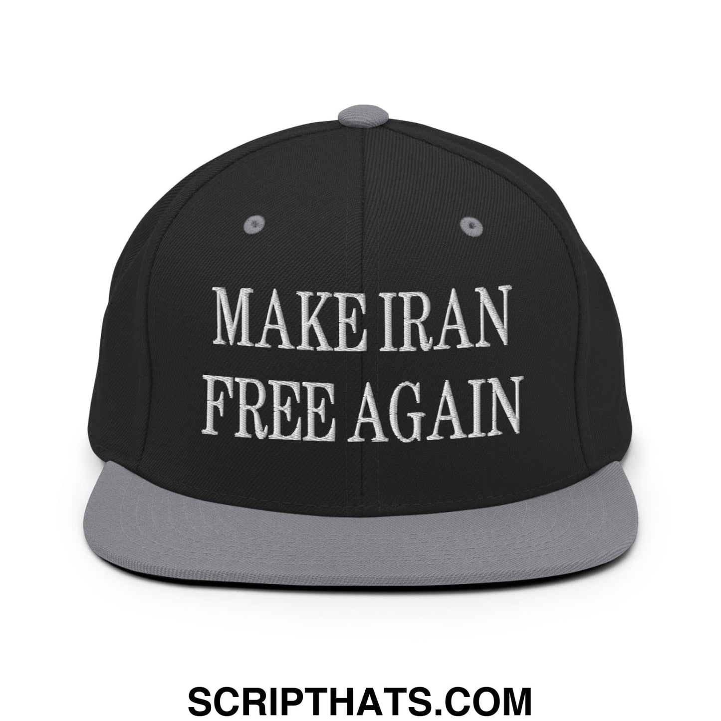 Black snapback hat with gray brim and button featuring white embroidered text make iran free again