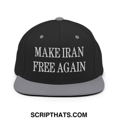 Black snapback hat with gray brim and button featuring white embroidered text make iran free again