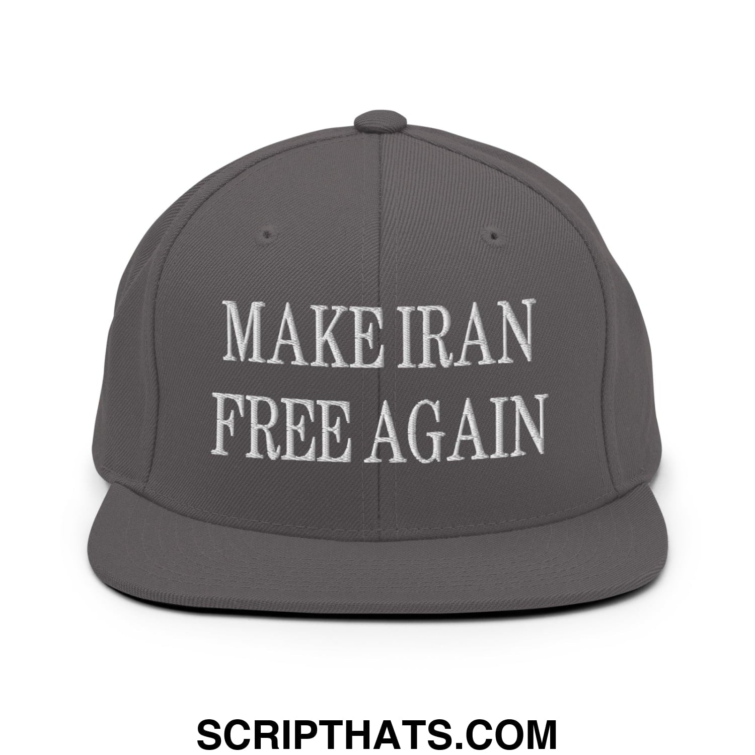 Gray snapback hat with white embroidered make iran free again text and flat bill brim for casual wear