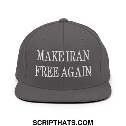 Gray snapback hat with white embroidered make iran free again text and flat bill brim for casual wear