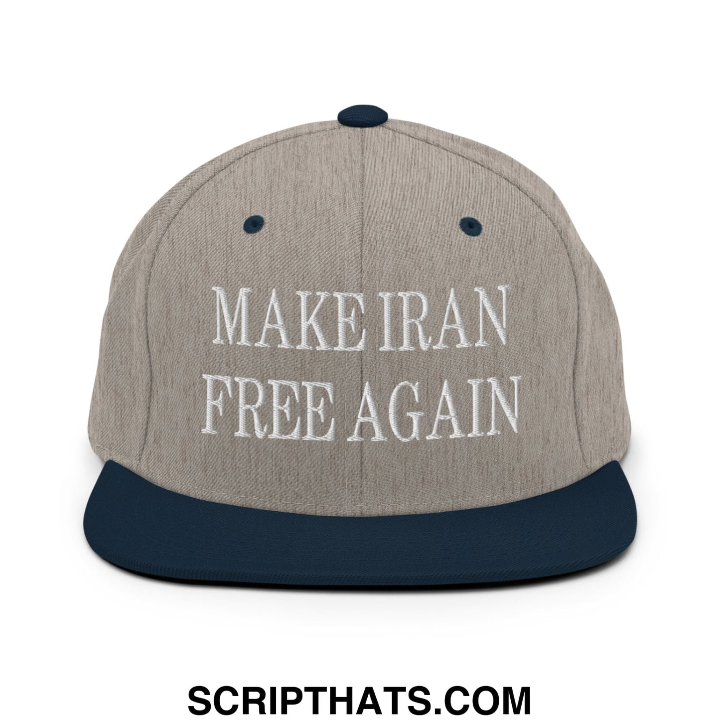 Gray and navy blue snapback hat with white embroidered make iran free again text and flat bill brim design