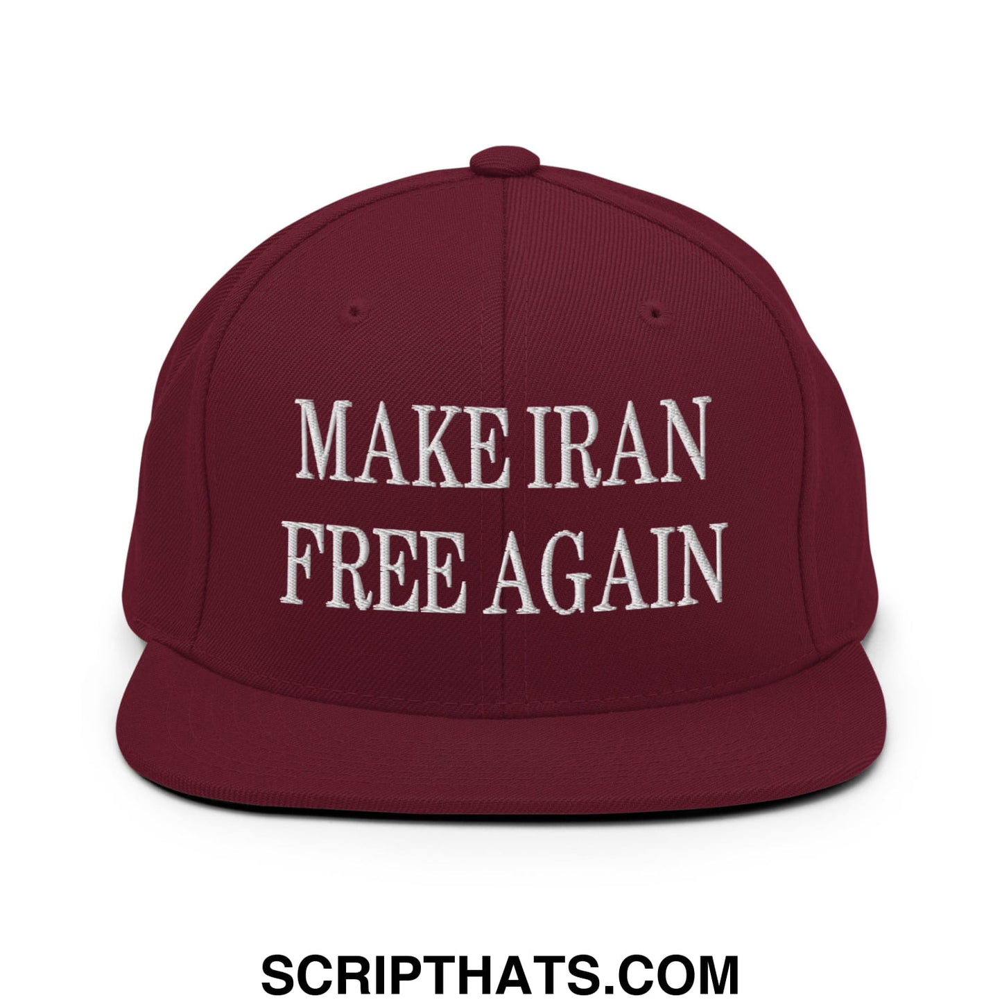 Maroon snapback hat with white embroidered text make iran free again and a flat bill brim design