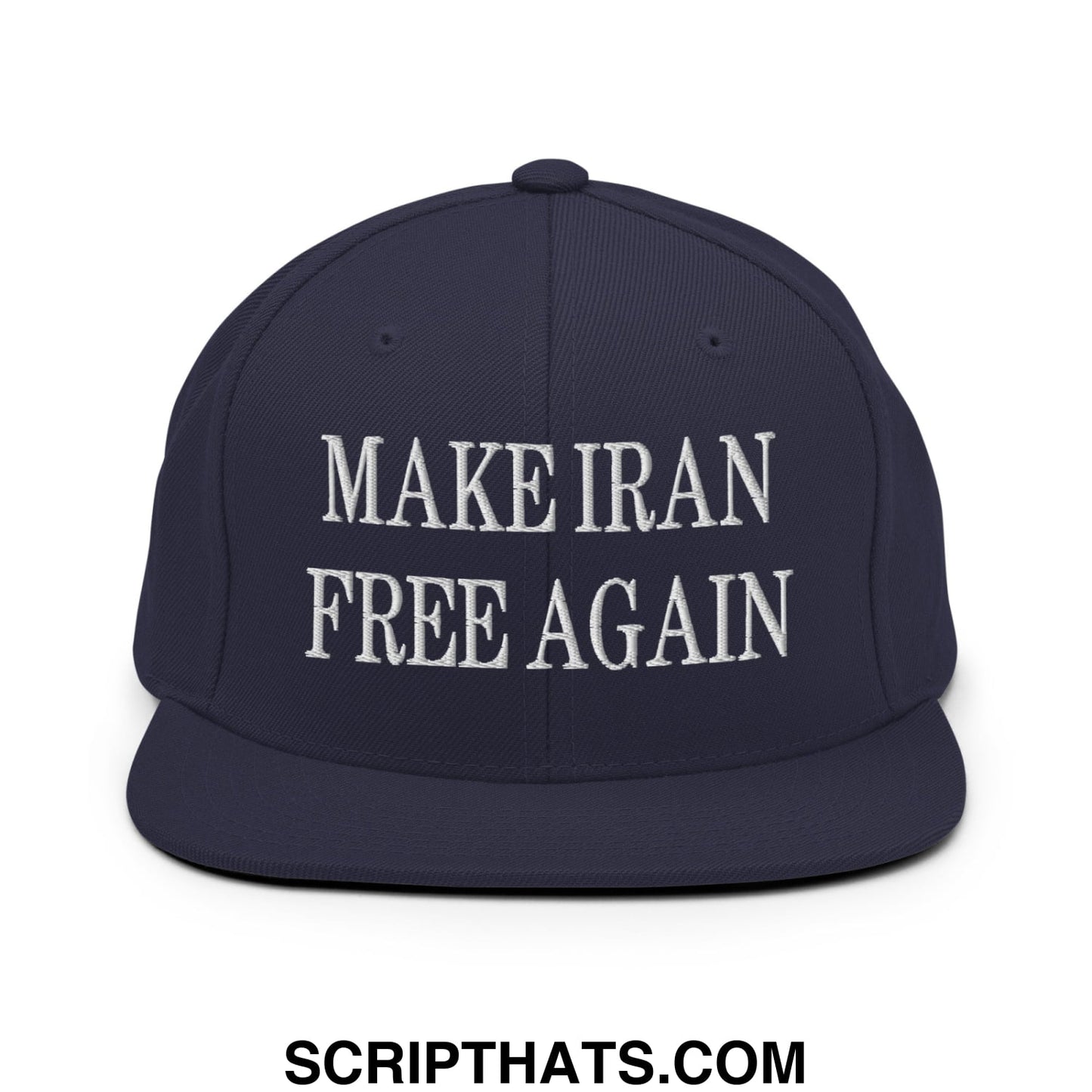 Navy blue snapback hat with white embroidered make iran free again text and flat bill brim design