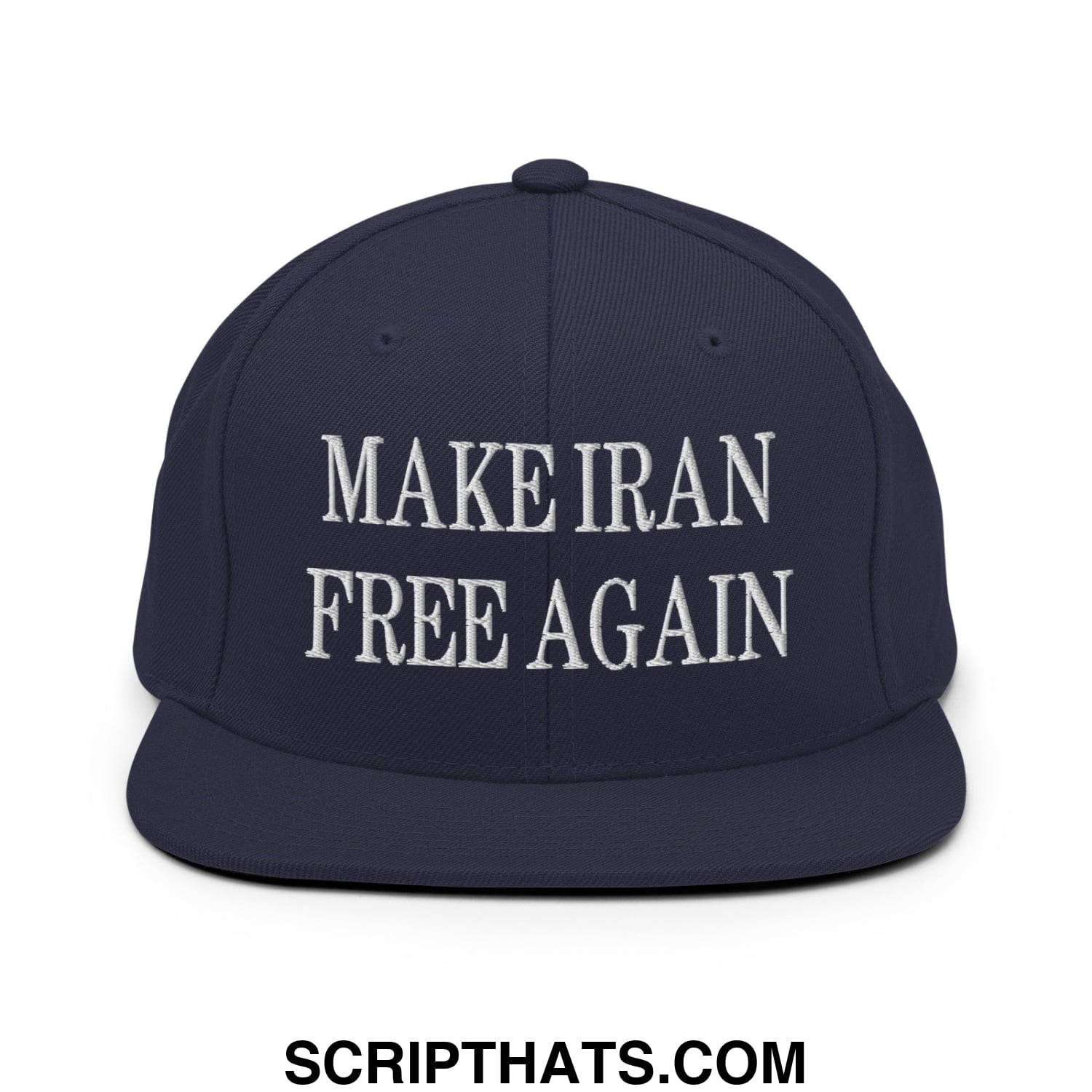 Navy blue snapback hat with white embroidered make iran free again text and flat bill brim design