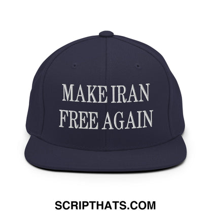 Navy blue snapback hat with white embroidered make iran free again text and flat bill brim design