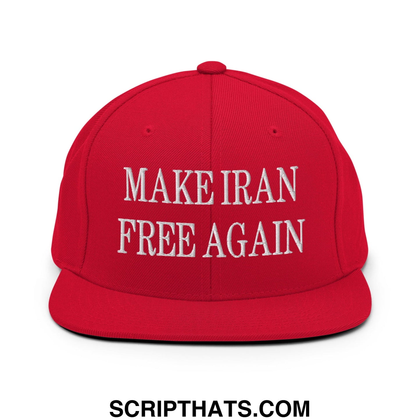 Red snapback cap with white embroidered text reading make iran free again flat bill brim design