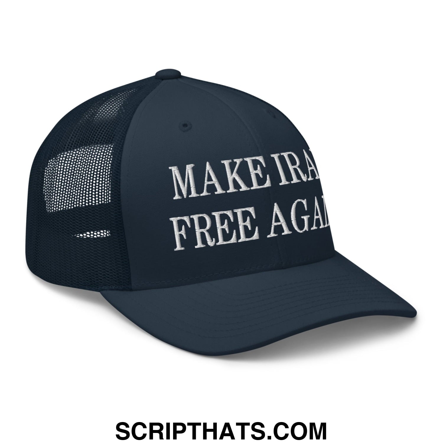 Dark navy mesh trucker hat with white embroidered make iraq free again text on front panels