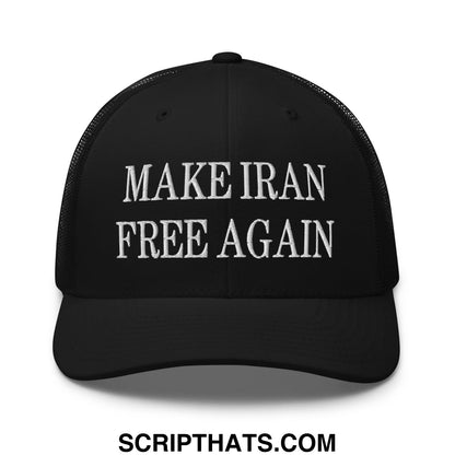 Black mesh trucker hat with white embroidered make iran free again text on front panel