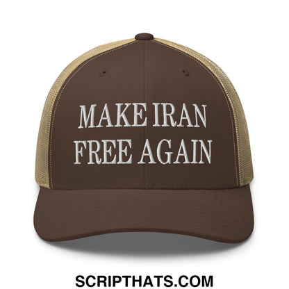 Brown and tan mesh trucker hat with white embroidered make iran free again text on the front panel