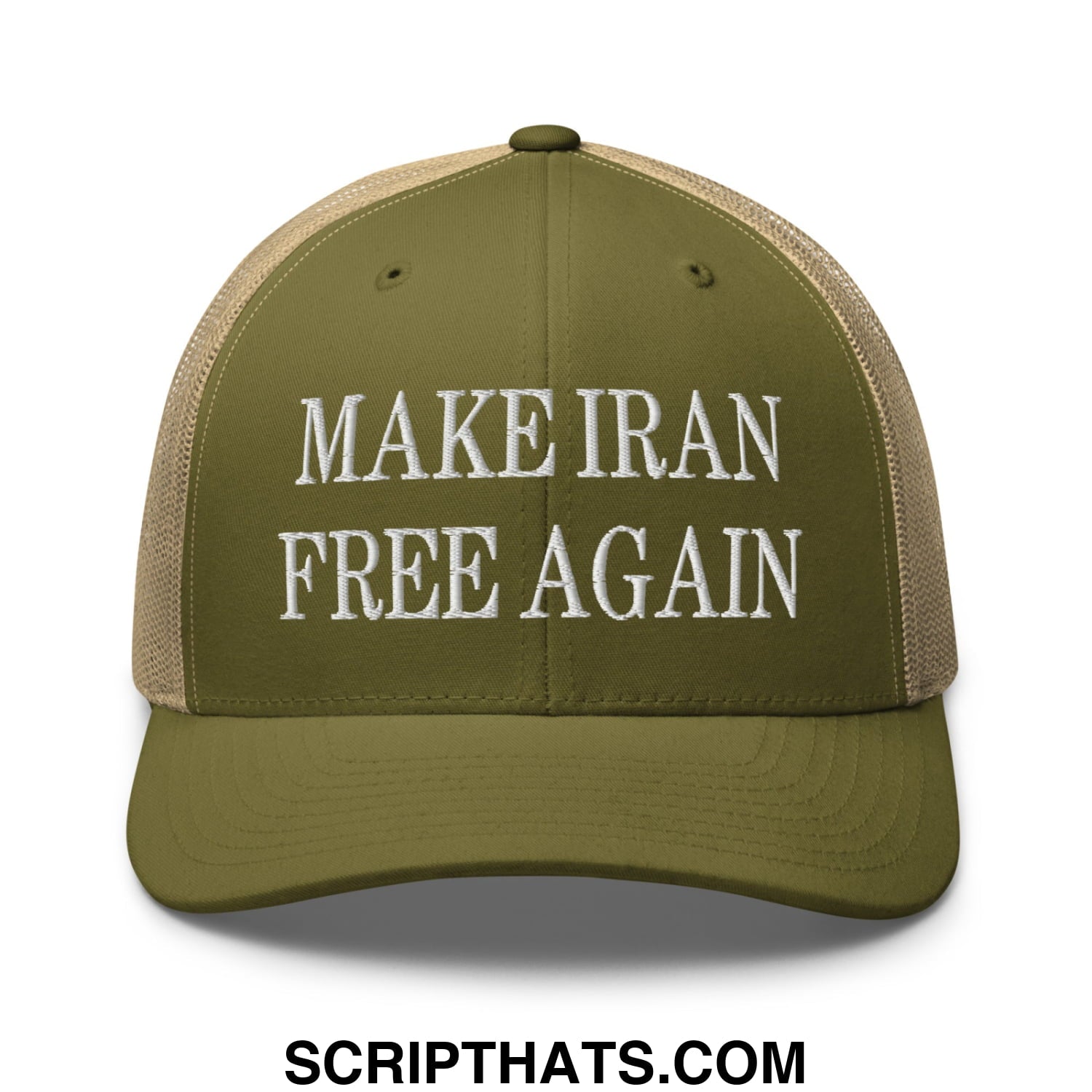 Olive green and tan mesh trucker hat with white embroidered text make iran free again displayed from front