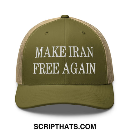 Olive green and tan mesh trucker hat with white embroidered text make iran free again displayed from front