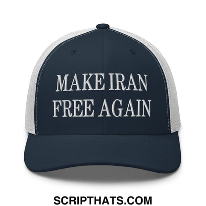 Navy blue and white mesh trucker hat with embroidered make iran free again text in bold capital letters