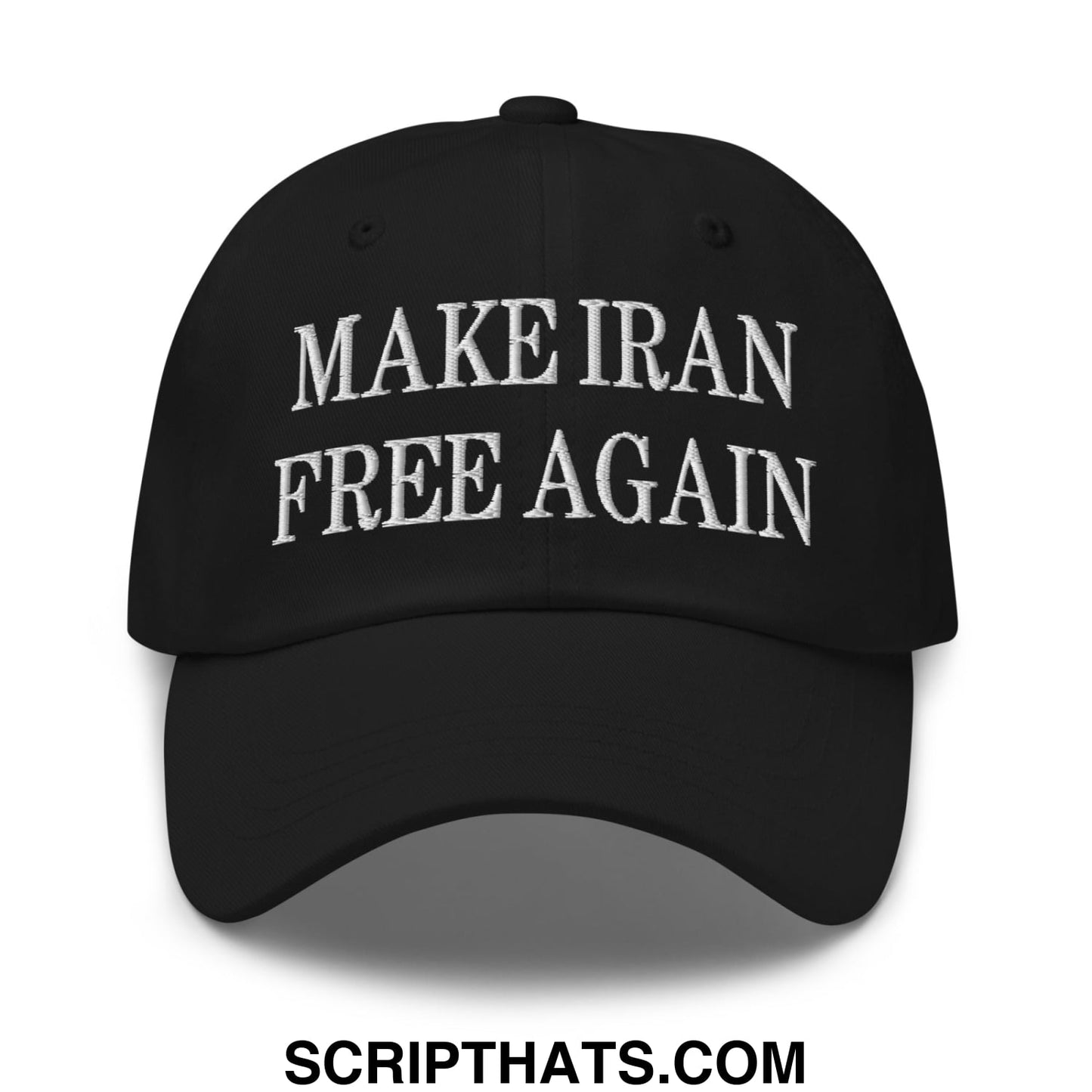 Black unstructured dad hat with white embroidered text make iran free again on front panel