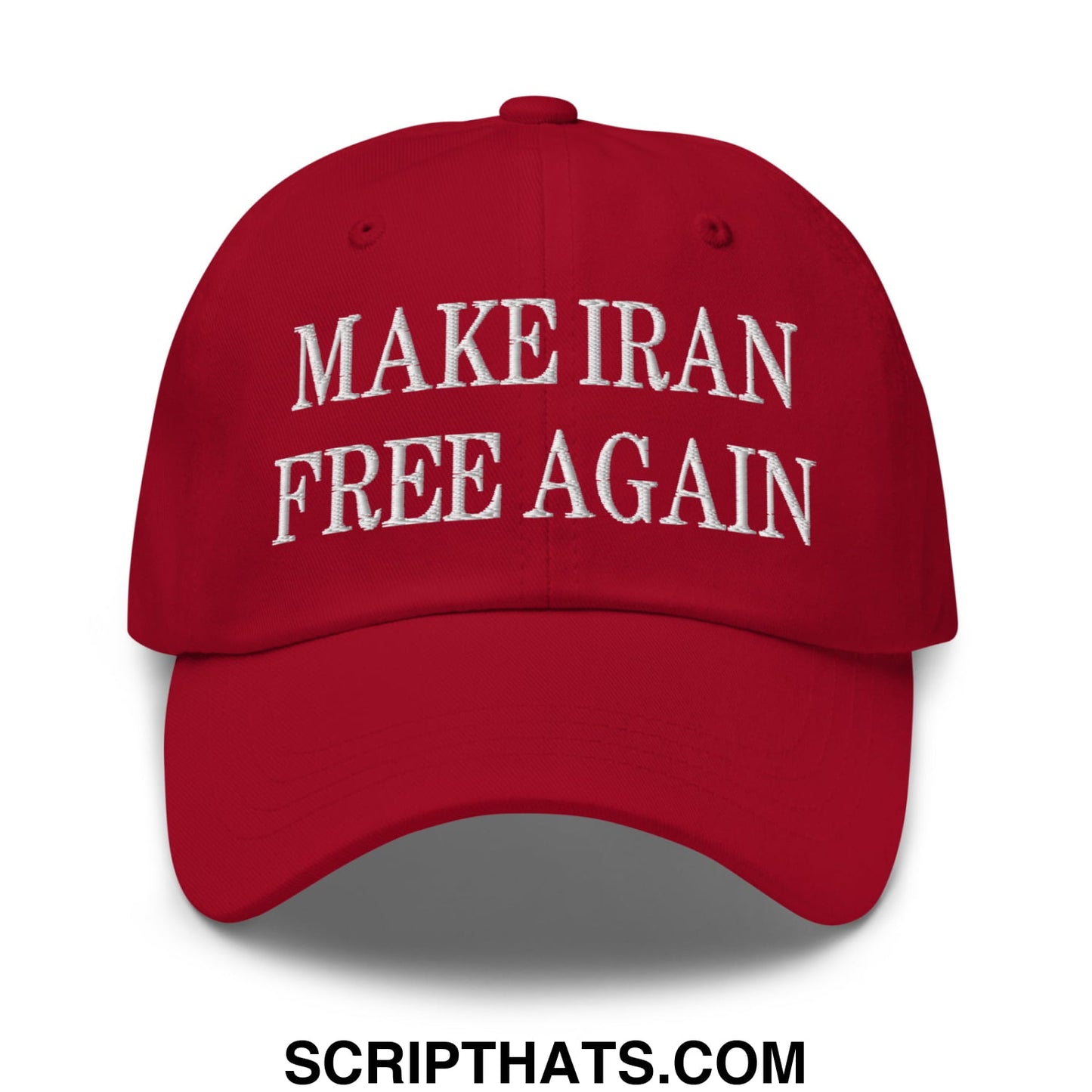 A red unstructured dad hat with white embroidered text make Iran free again on the front panel