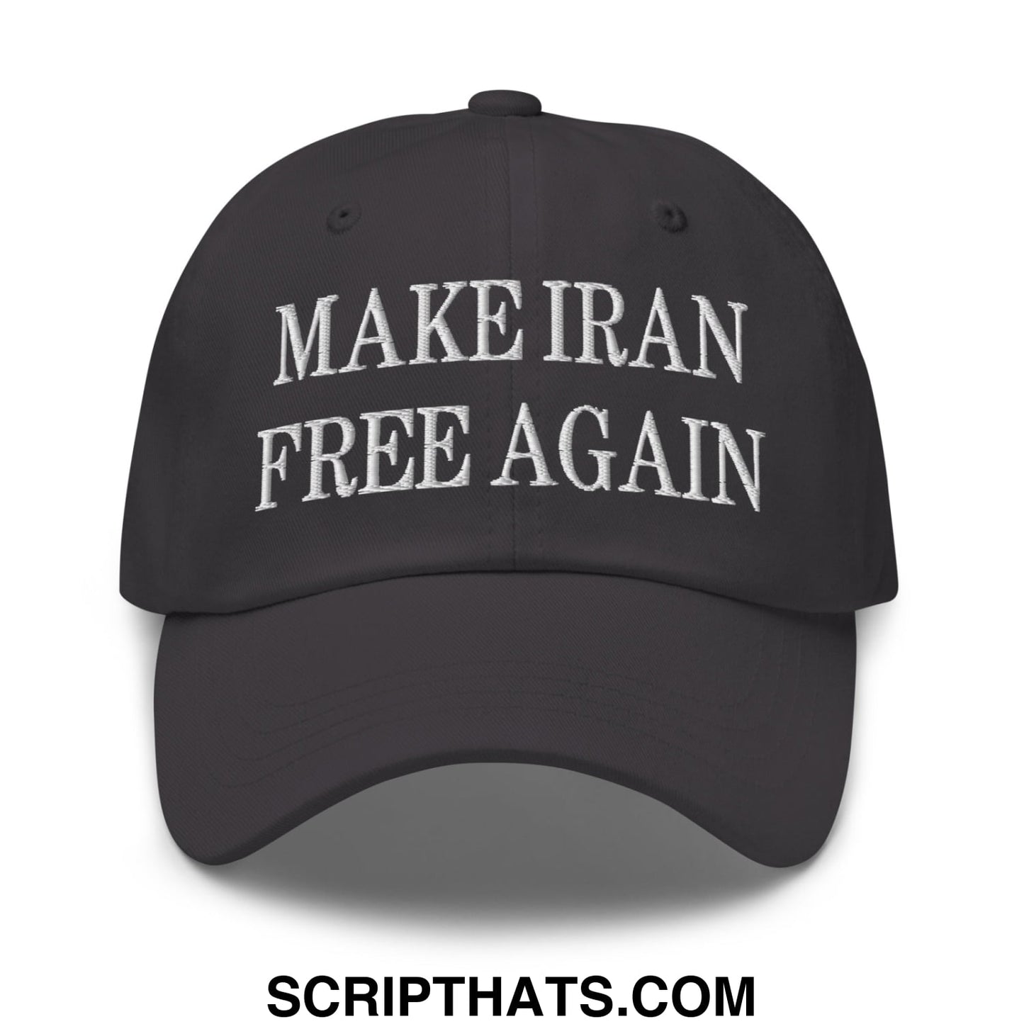 Black embroidered unstructured dad hat with white make iran free again text for casual wear