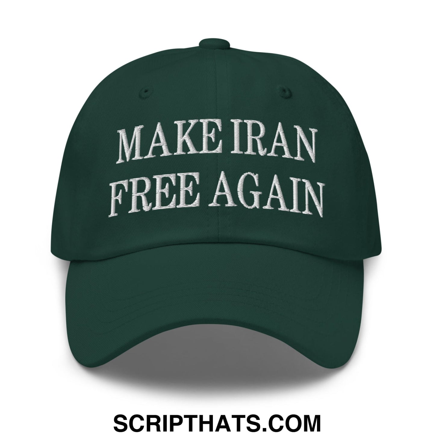 Dark green unstructured dad hat with white embroidered make iran free again text for casual wear