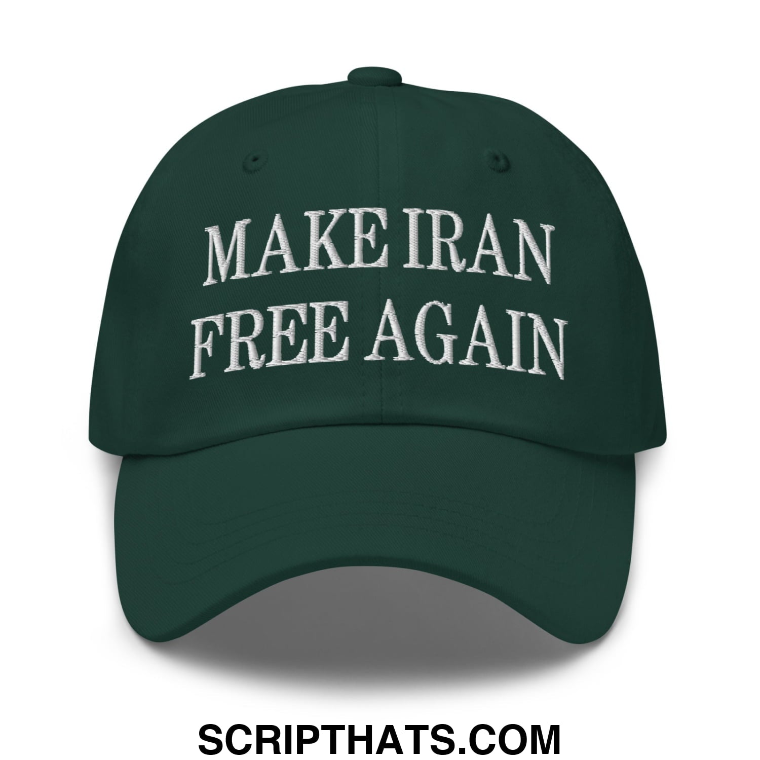 Dark green unstructured dad hat with white embroidered make iran free again text for casual wear