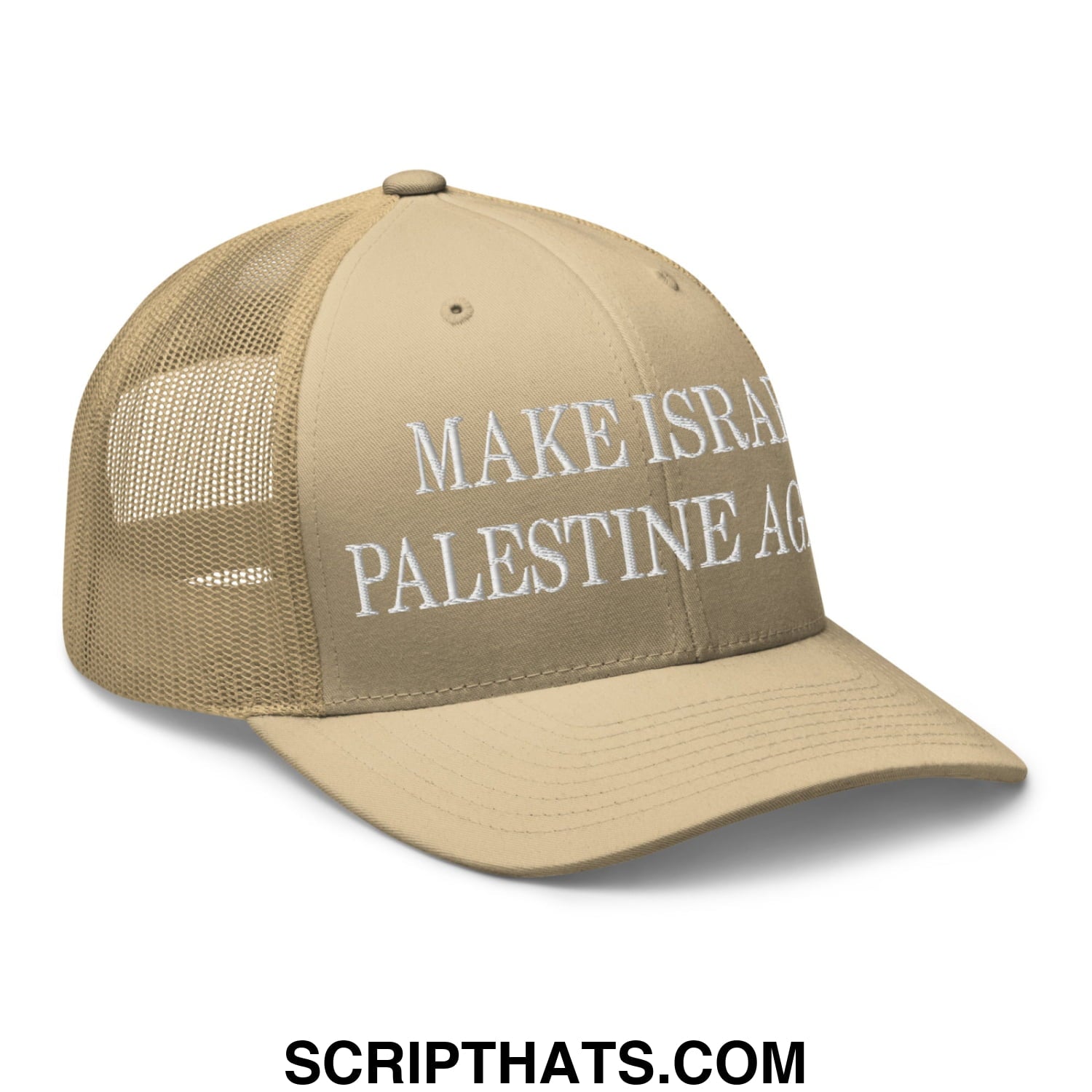 Make Israel Palestine Again Embroidered Mesh Trucker Hat Khaki
