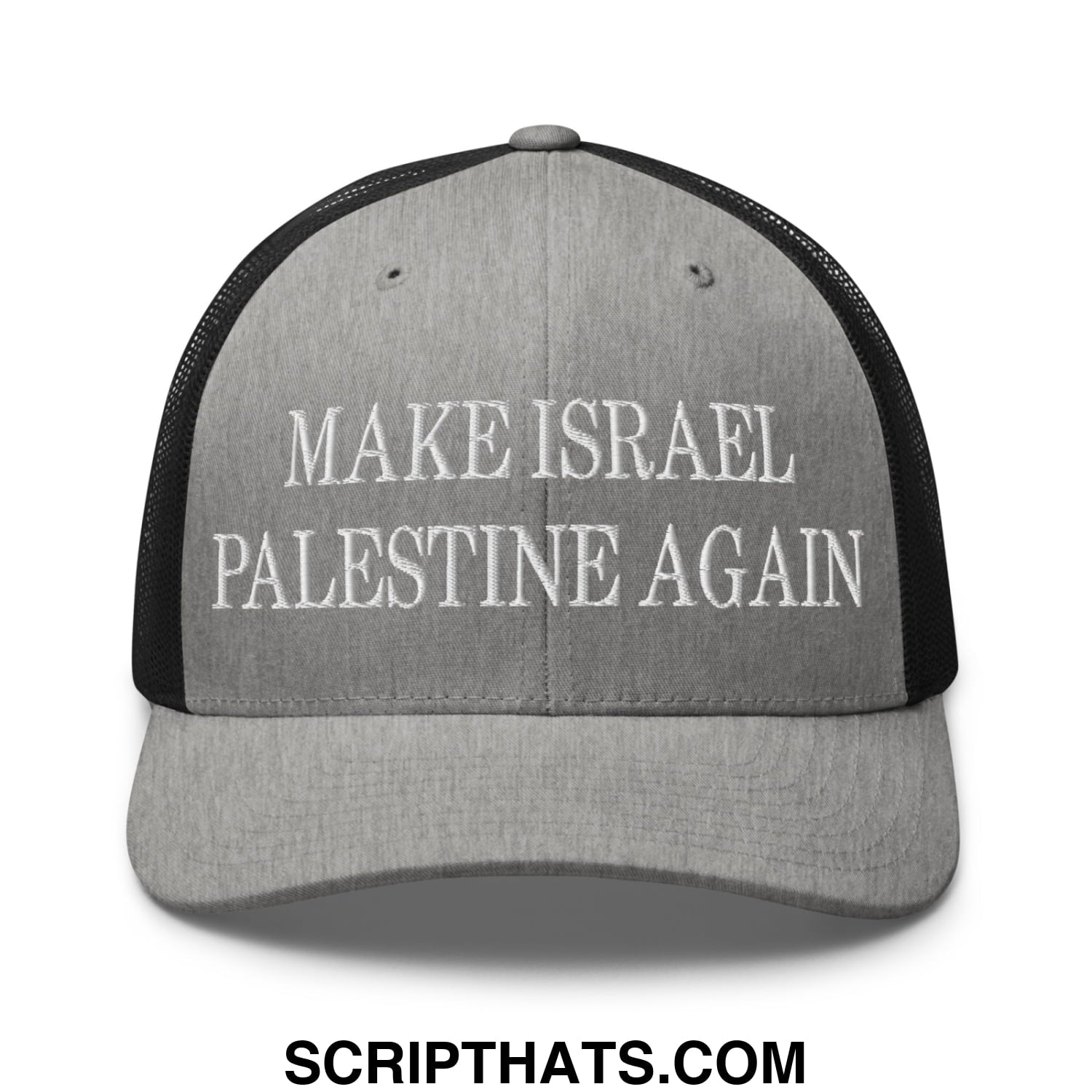Make Israel Palestine Again Embroidered Mesh Trucker Hat Heather Black