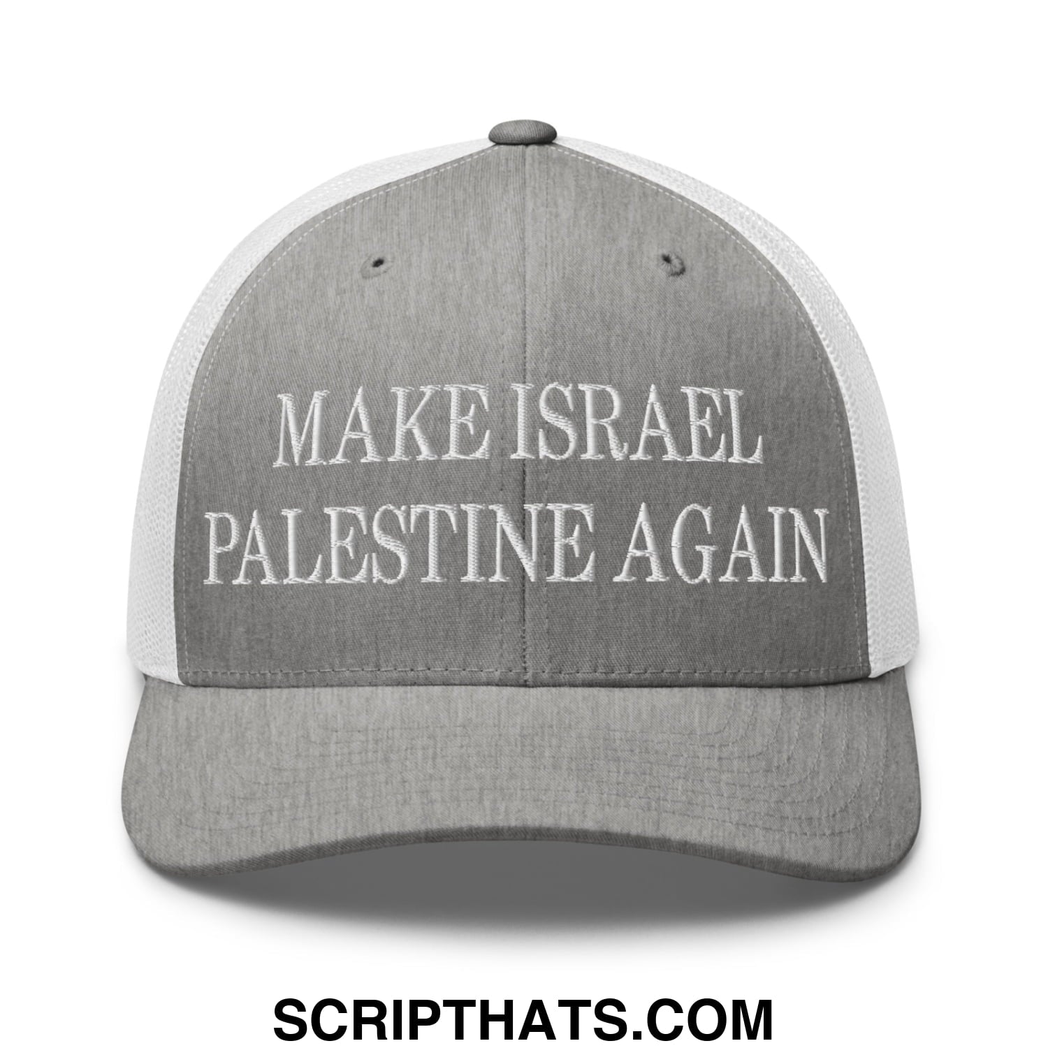 Make Israel Palestine Again Embroidered Mesh Trucker Hat Heather Grey White