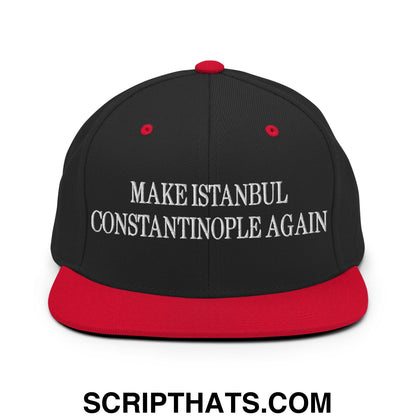 Black snapback cap with red brim and button featuring white embroidered text make istanbul constantinople again
