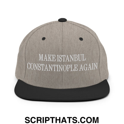 Gray and black snapback cap with white embroidered make Istanbul Constantinople again text on flat bill brim