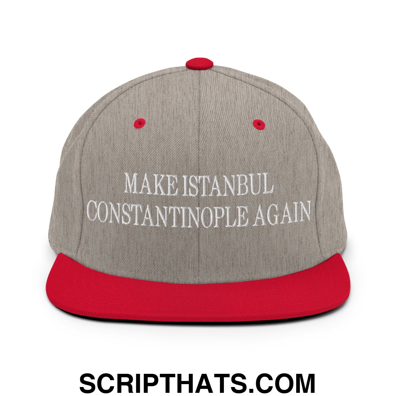 Gray and red snapback hat with white embroidered make Istanbul Constantinople again text and flat bill brim